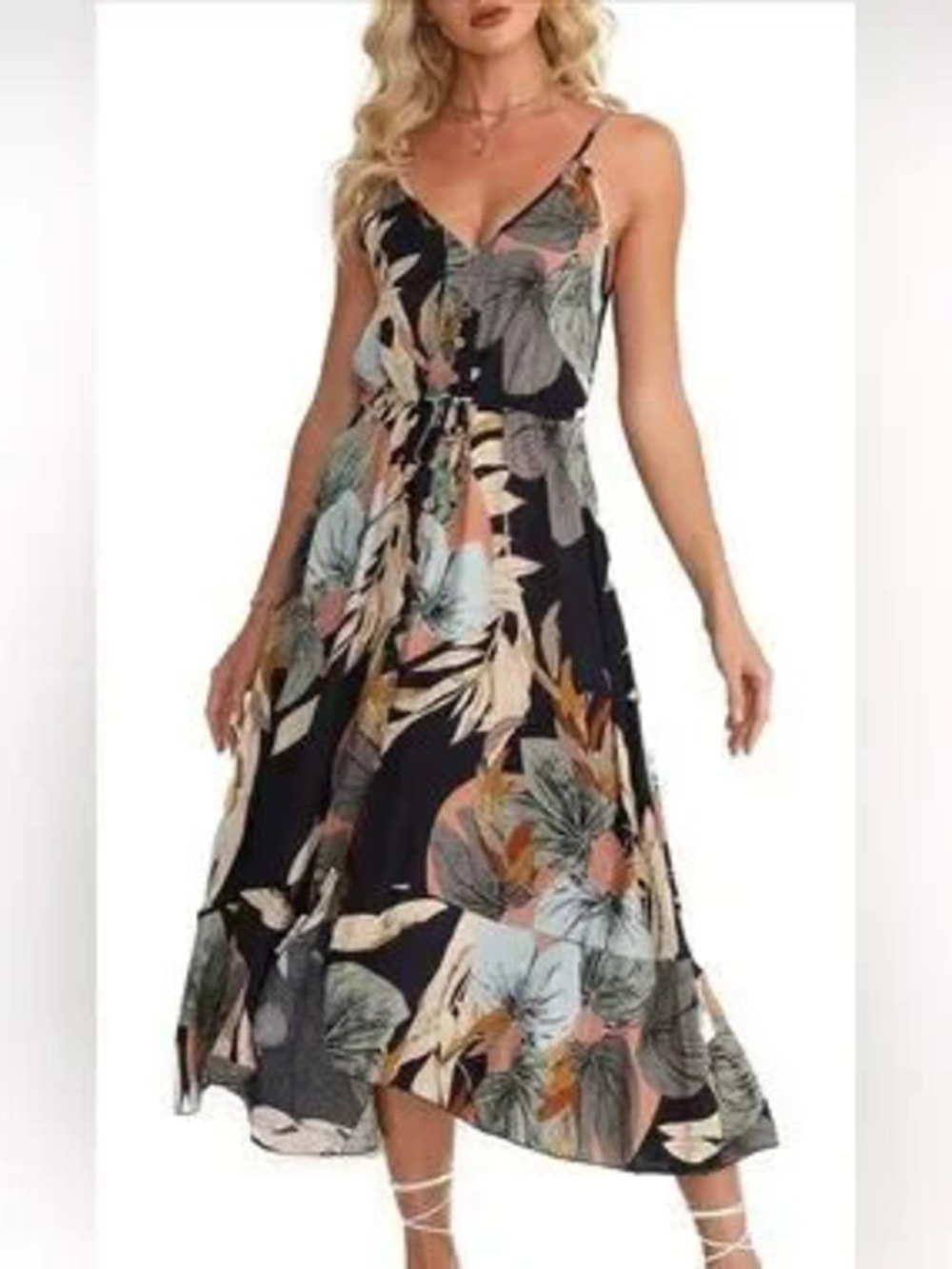 Spaghetti Strap V Neck Flowy Midi Dresses